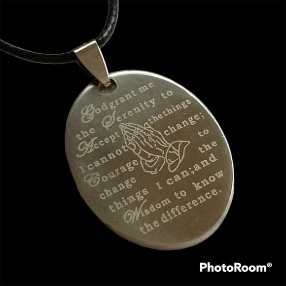 Serenity Prayer Necklace Stainless Steel Pendant Praying Hands Black Cord 18" - Picture 3 of 11